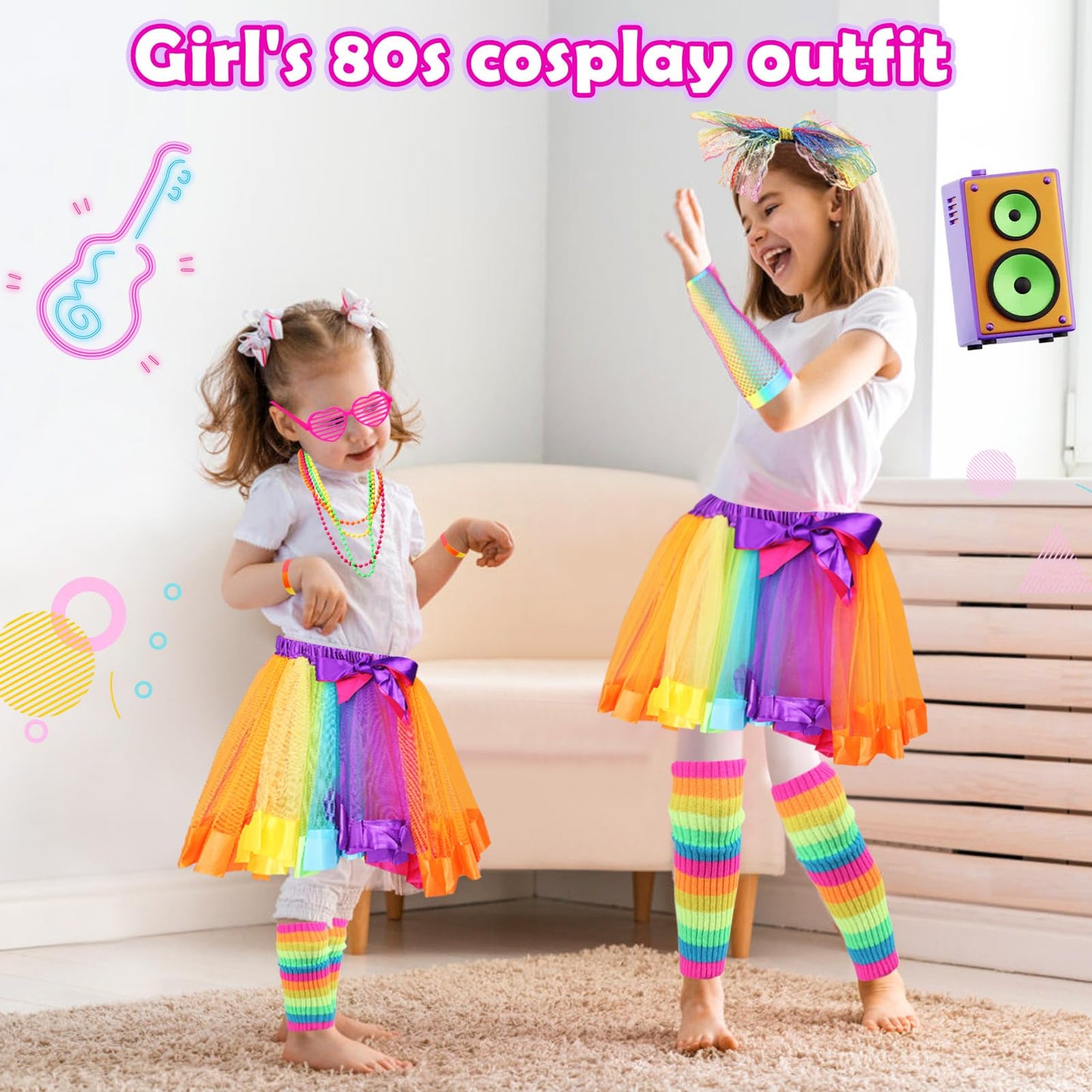 Ballery 80s Fancy Dress for Kids Girls, 1980s Retro Costume Outfits Accessories Set Includes Tutu Skirt Necklace Leg Warmers Gloves Earrings Lace Headband Glasses Bracelets Hair Ties