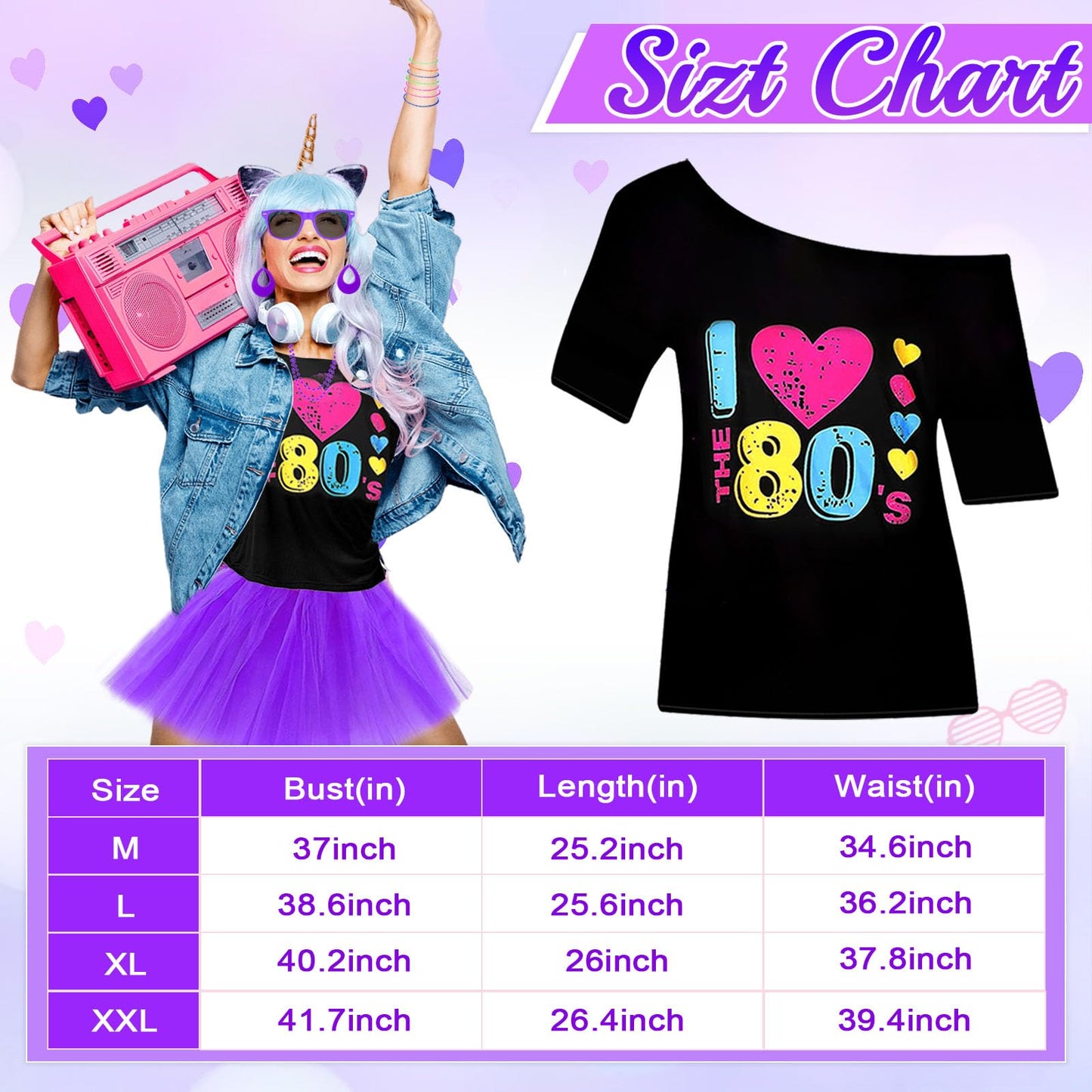 80s Costume Accessories Set for Women, 1980s Neon Party Kit with T-shirt Tutu Skirt Headband Earring Necklace Glasses Bracelet Fishnet Gloves Leg Warmers for 80s Retro Party Dress up (Purple, M)