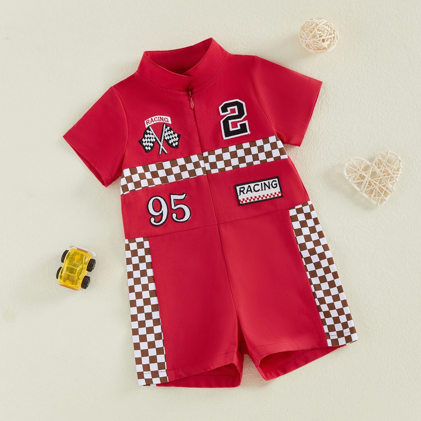 JCOPLY Infant Baby Boy Race Car Driver Romper Newborn Photo Outfit Plaid Number Embroidery Short Sleeve Stand Collar Zip Up Jumpsuit Summer Clothes (Red, 9-12 Months)
