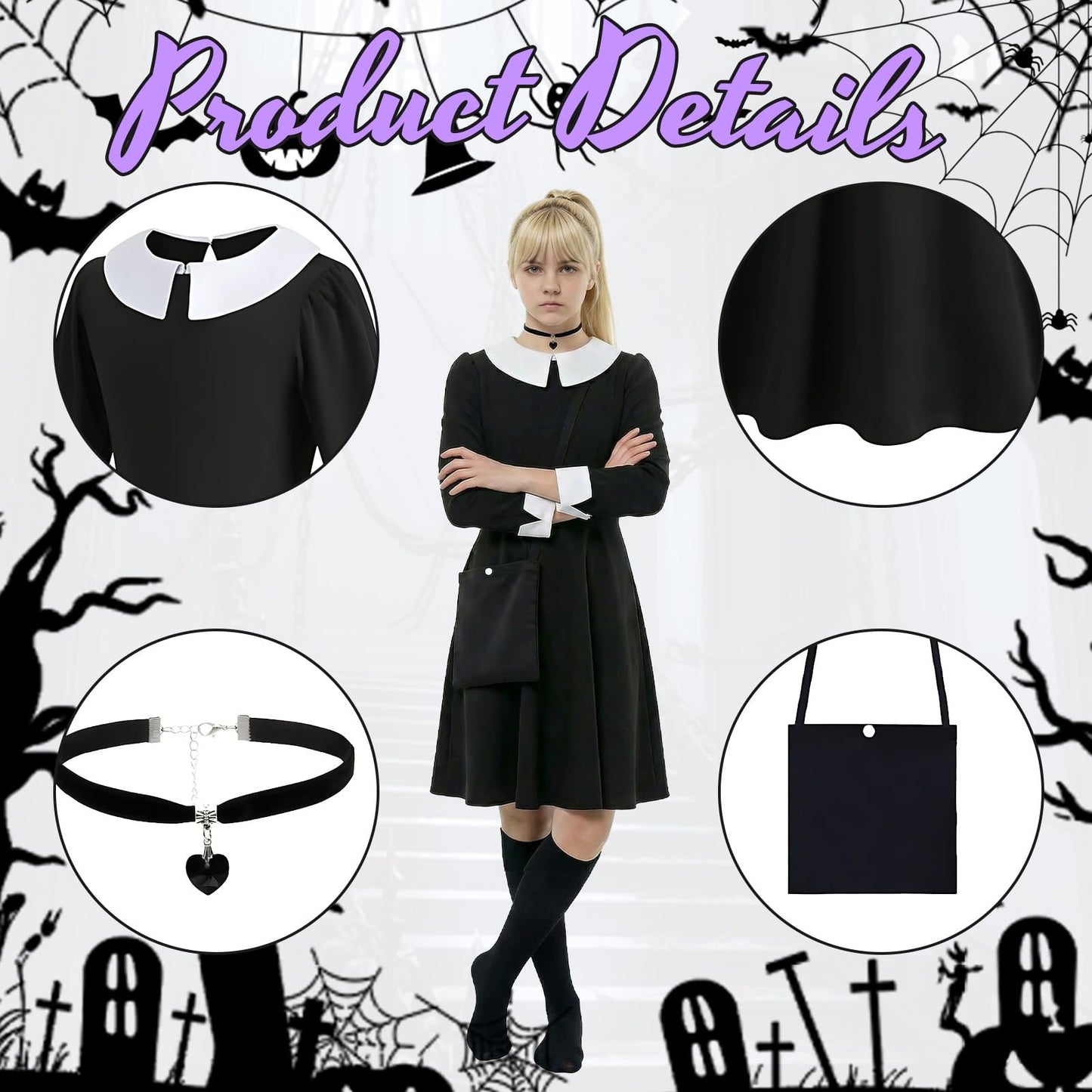 YAEGIMHT 5PCS Black Gothic Princess Costume Set for Girls, Kids Fancy Dress Outfit with Skirt, Wig, Socks, Necklace & Bag for Halloween Party Cosplay (140)