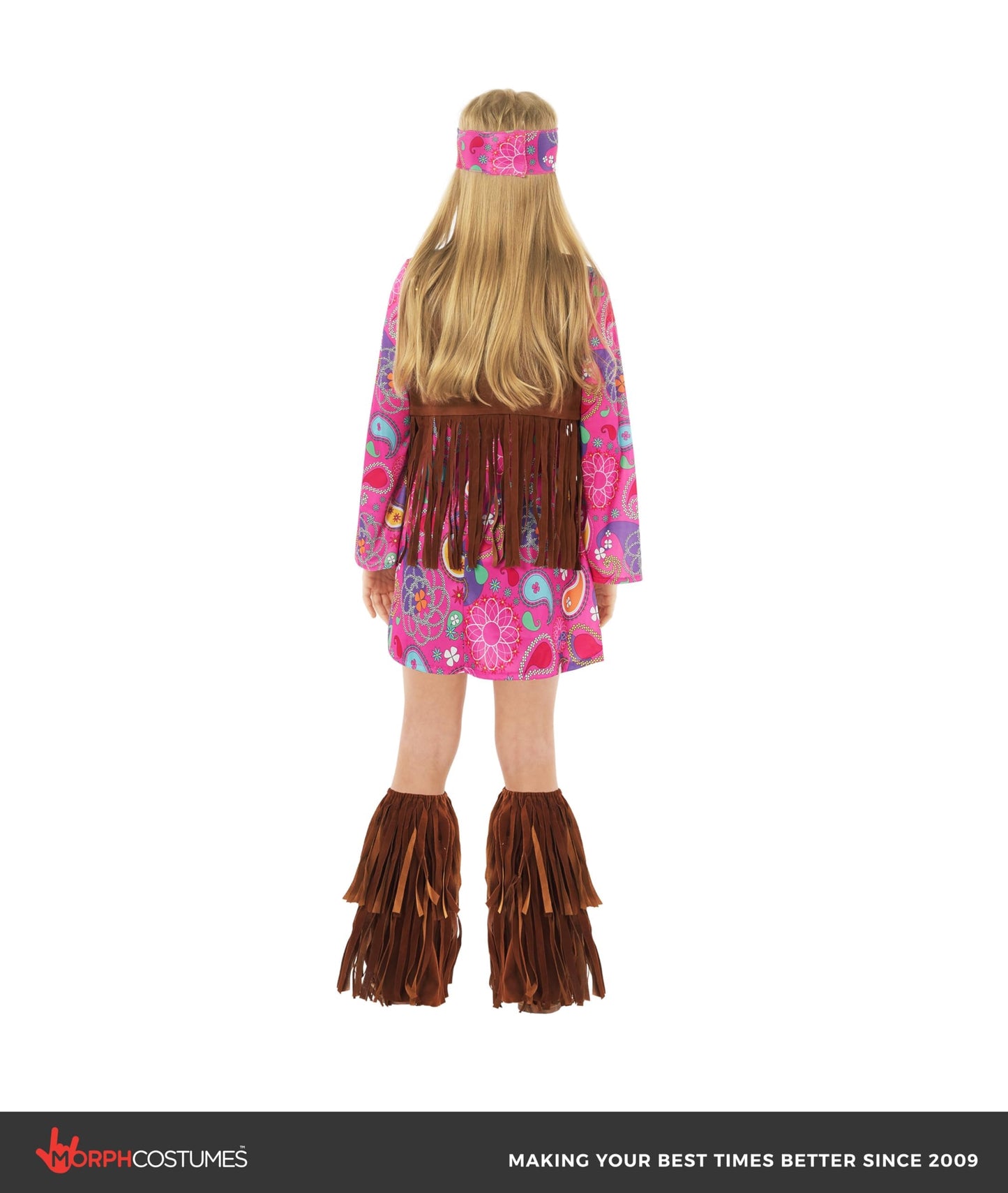 Morph Kids Hippie Vest Costume Dress - 70s Disco Outfit for Girls Halloween Costume, Retro Hippie Dress for Kids, Large