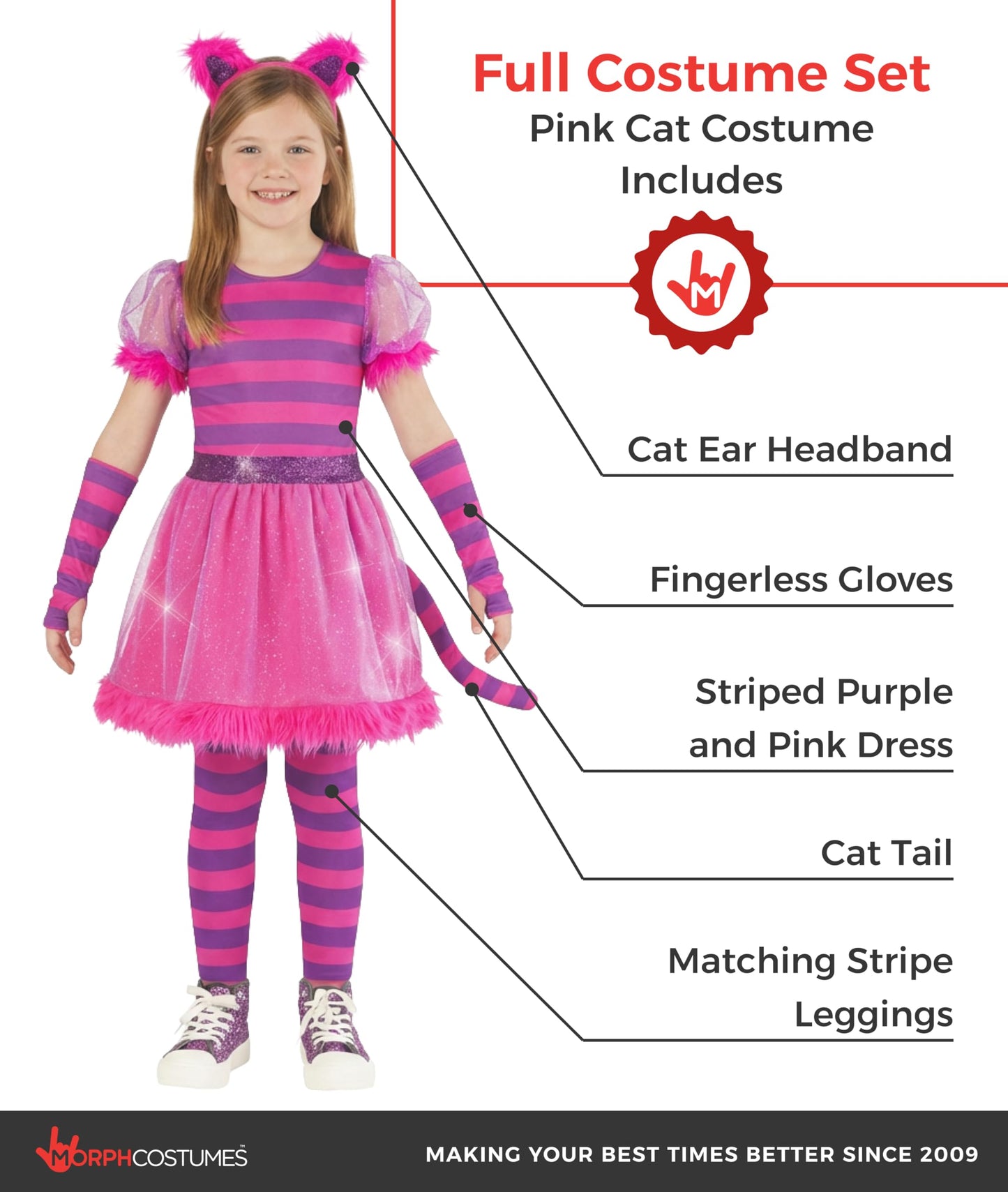 Morph Striped Cat Costume, Kids Cat Costume, Girls Cats Costumes, Striped Cats Costumes, World Book Day Costumes for Kids, 7-9 Years