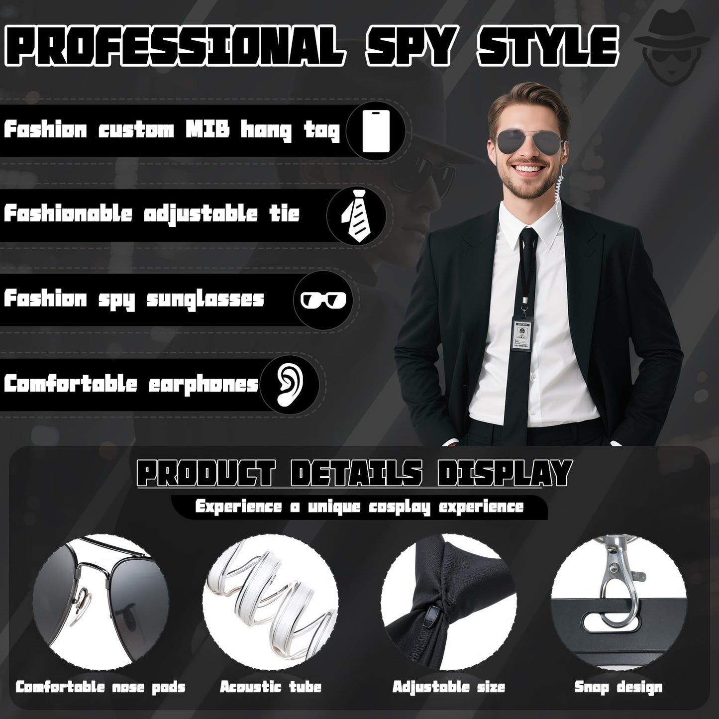10Pcs Agent Costume Accessories Set, Secret Agent Dress Up Kit with ID Holders Black Ties Sunglasses Earpieces Inflatable Green Aliens for Women Men Halloween Cosplay Carnival Fancy Dress Party Props
