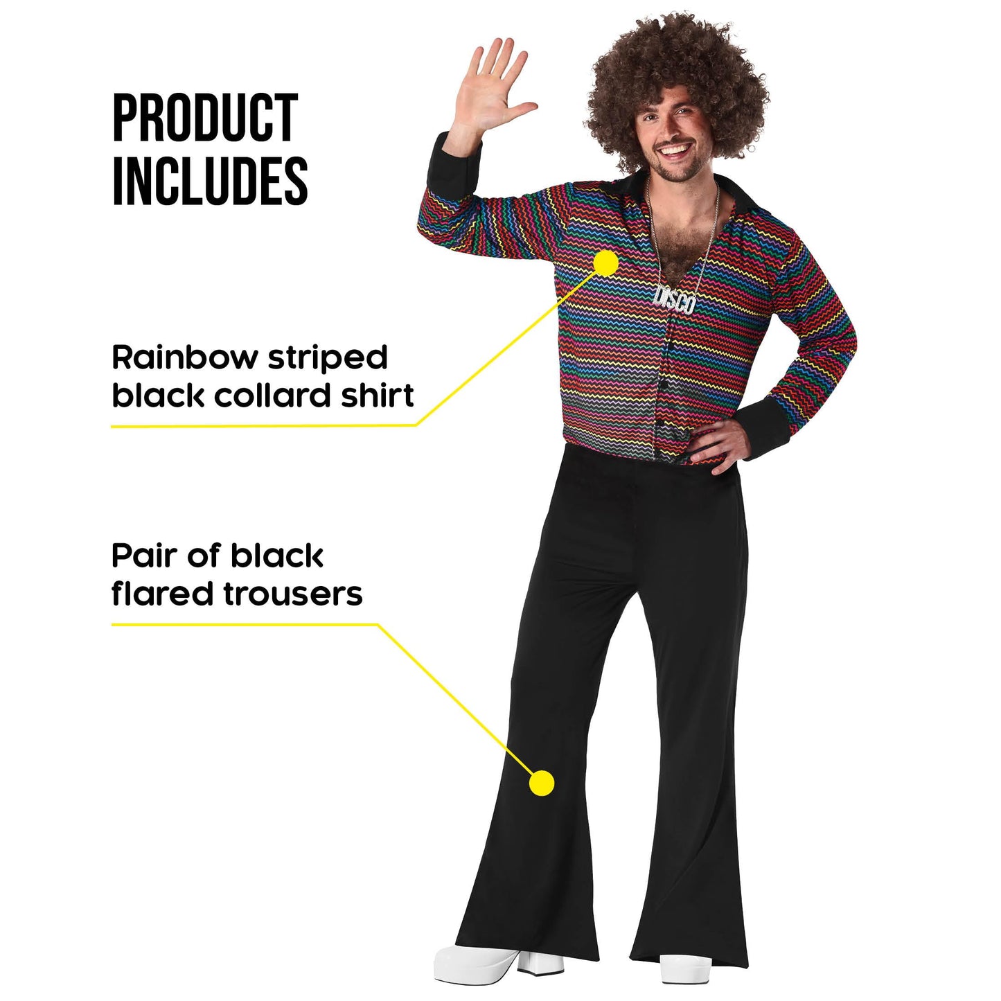 70s Disco Costume for Men - Rainbow Striped Shirt with Flared (image 2)