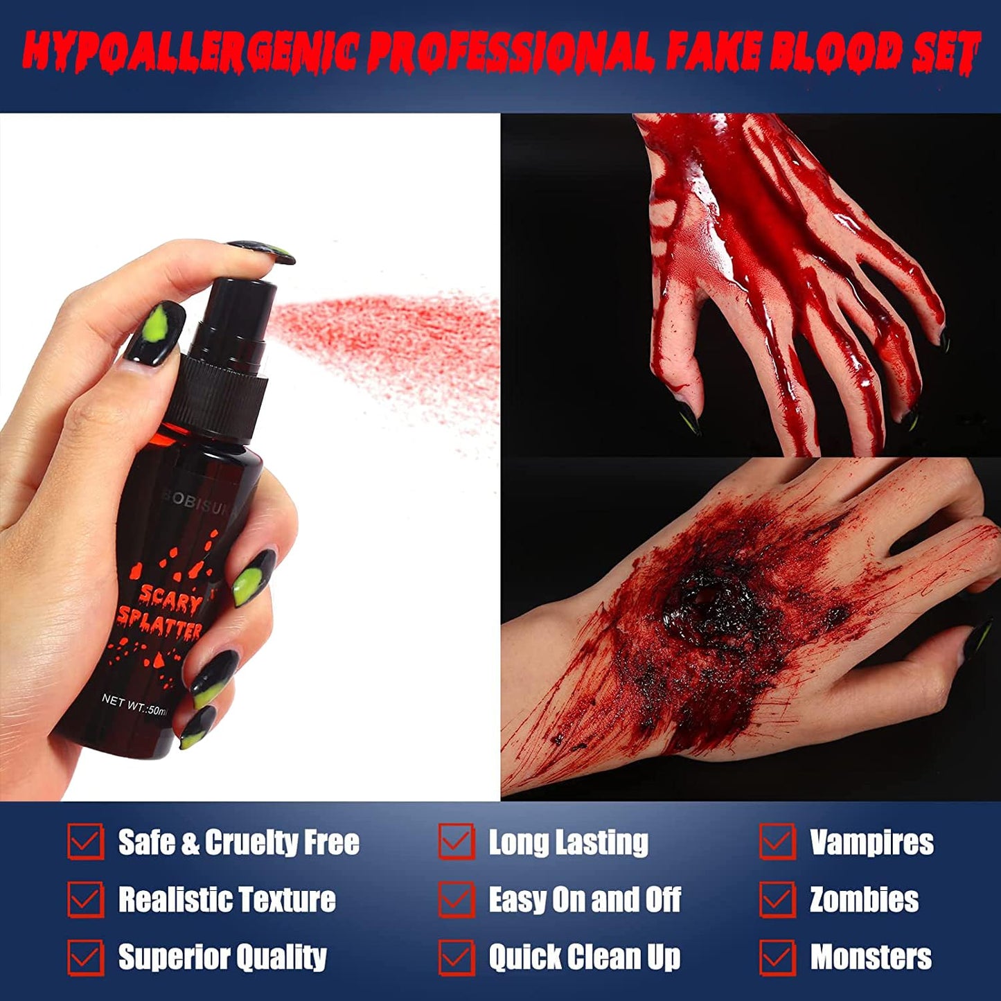 BOBISUKA Halloween Fake Blood Makeup Kit - Realistic Washable Special Effects SFX Makeup Coagulated Blood + Dripping Blood + Spray For Zombie Vampire Monster Cosplay Mouth Clothes Dress Up
