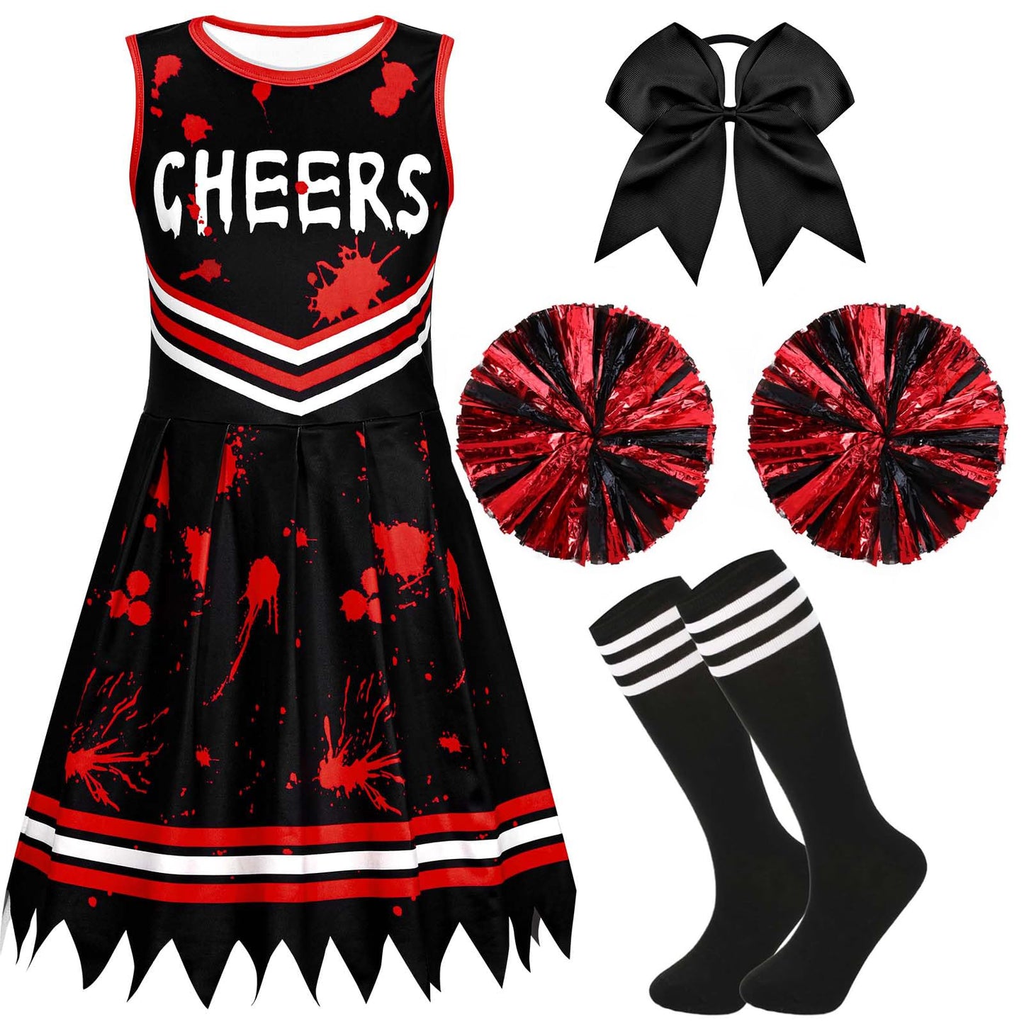 Kavoc 4Pcs Halloween Zombie Cheerleader Costume Accessories Including Black Red Skirt Bow Tie Socks (10-12Years Old)