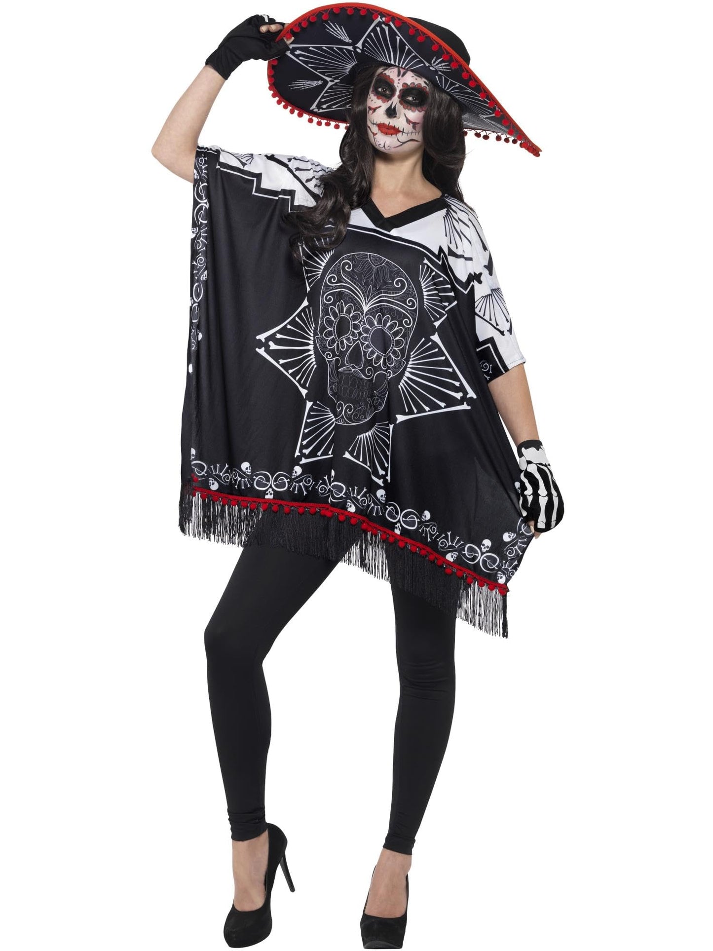 Smiffys Day of the Dead Bandit Costume, Black & White with Poncho, Sombrero & Gloves, Mexican Day of The Dead/Sugar Fancy Dress, Halloween Dress Up Costumes