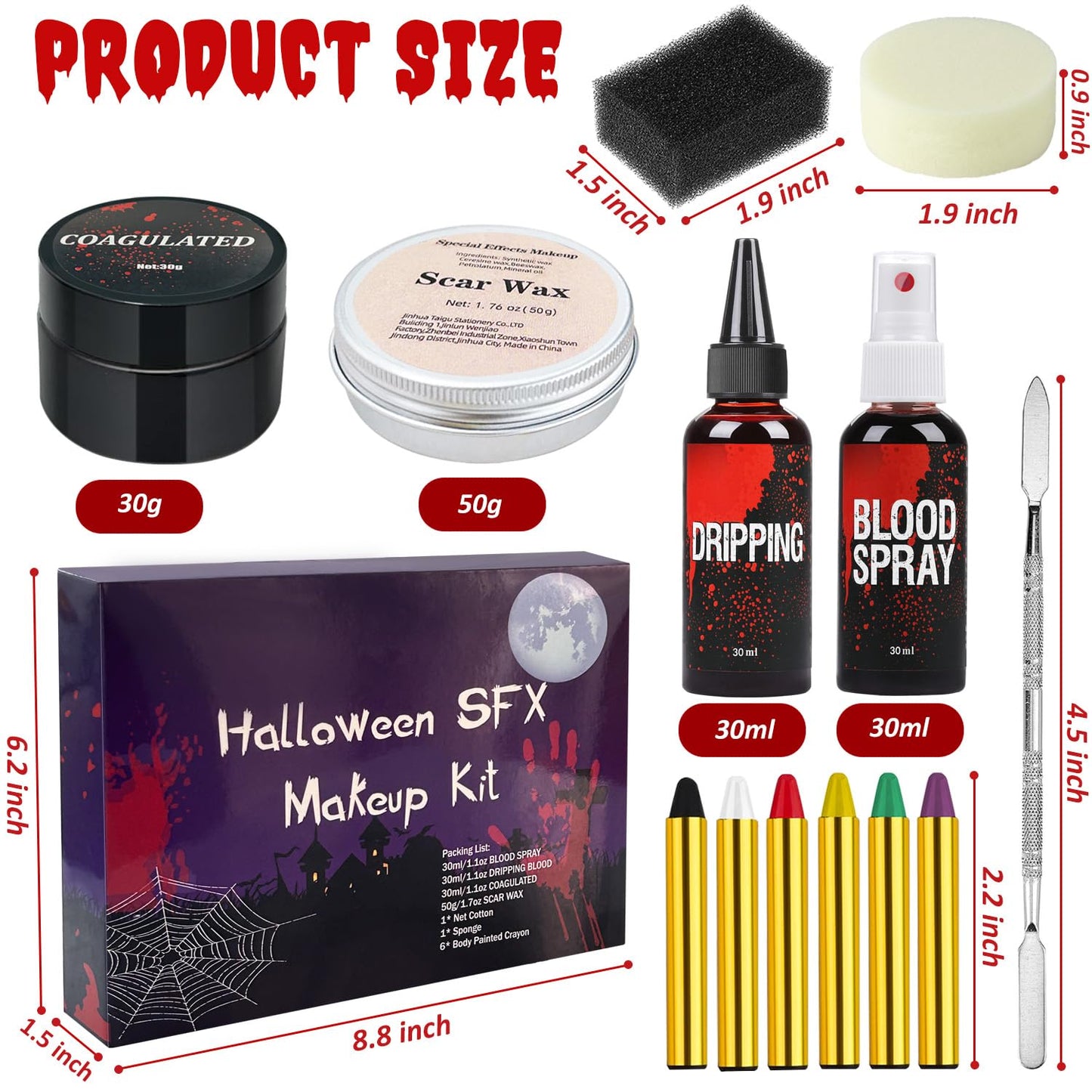 Halloween Makeup Kit, Scar Wax SFX Makeup Kit Fake Blood Set, Kit Includes Scar Wax, 6 Colors Bruise Face Body Paint Crayon, Fake Blood Spray+Dripping+Coagulated Gel, Spatula Sponges Tool (Set A)