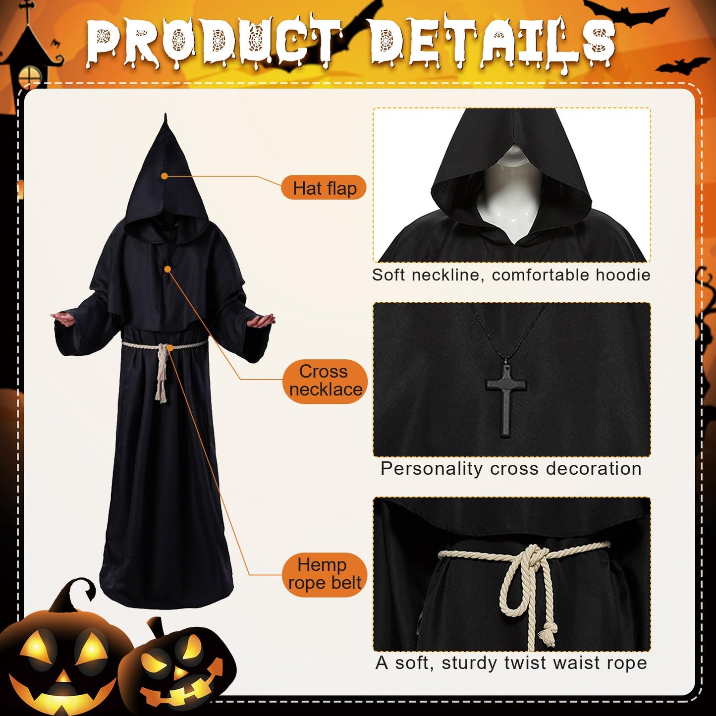 WenYa Monk Costume Set for Adults, Complete Medieval Priest Robe with Detachable Hood, Adjustable Rope Belt and Wooden Cross Necklace for Halloween Cosplay and Renaissance Themed Events