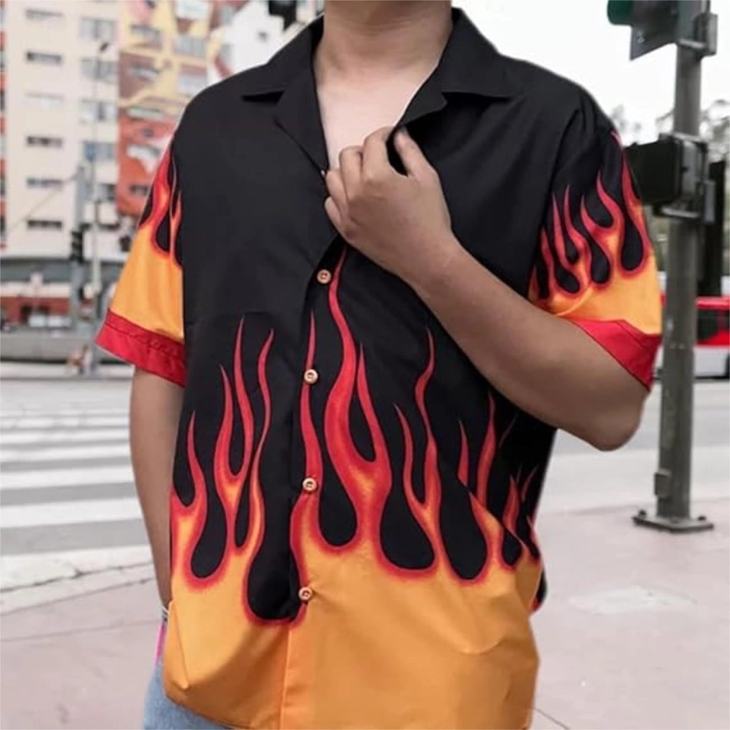 Mens Flame Shirt Short Sleeved Flame Graphic Button Down Beach