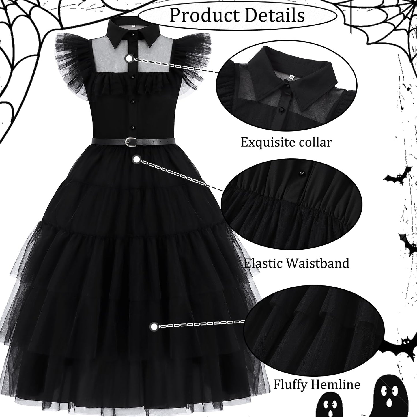Enenblau Wednesday Addams Costume Women's Ball Gown Black Tulle Dance Dress Gothic Style Halloween Costume Set Including Knee Stockings, Chain, Hair Clip EB003XL