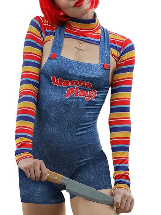 ensswliz Women 2 Pcs Halloween Cosplay Costumes Scary Nightmare Killer Doll Wanna Play Movie Character Dress Chucky Doll Costume Set (A-Blue, M)