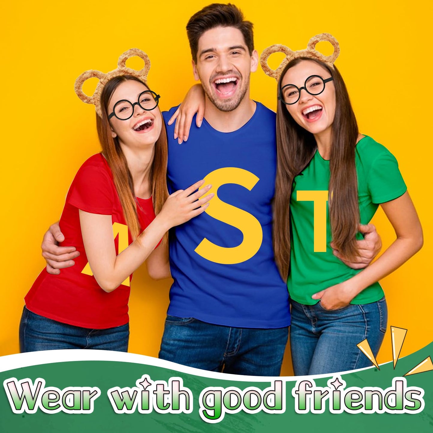 4Pcs Chipmunks Costumes Set with Chipmunk Headband Glasses T-shirt Soccer Socks, Chipmunks Fancy Dress Outfit Party Animal Cosplay for Adults Teens World Book Day Halloween Dress Up (Green, L)