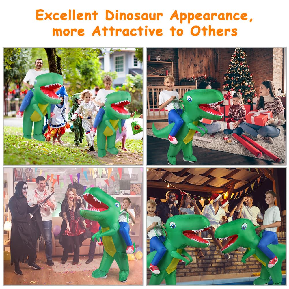 AOOWU Dinosaur Costume, Deluxe Dinosaur Inflatable Costume T-Rex Blow up Fancy Dress for Kids, Funny Ride-on Green Dinosaur Halloween Costumes for Halloween Cosplay Masquerade Party, Green
