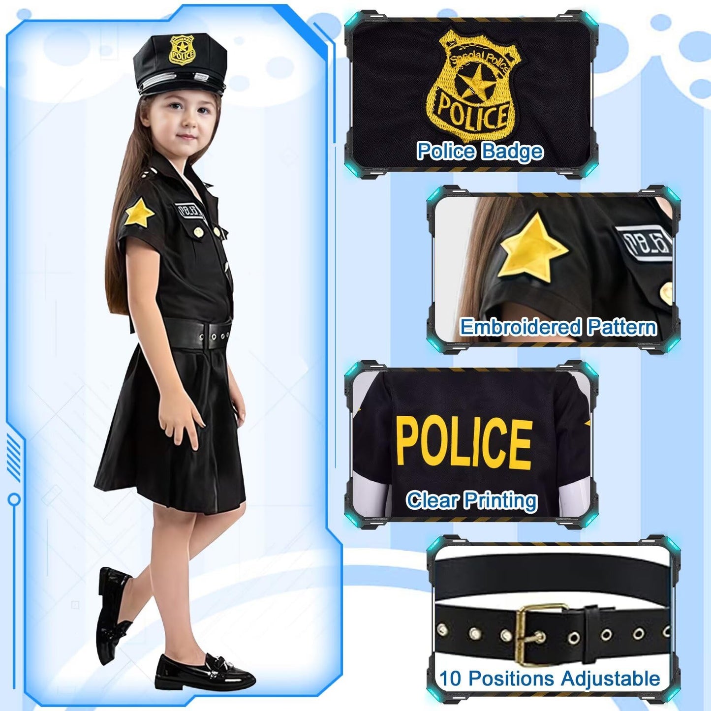Luckyou Kids Costume Police for Girls Police Uniform Outfit with Accessories Whistle Handcuffs Fancy Dress Up for Carnaval Halloween Cosplay Black-M