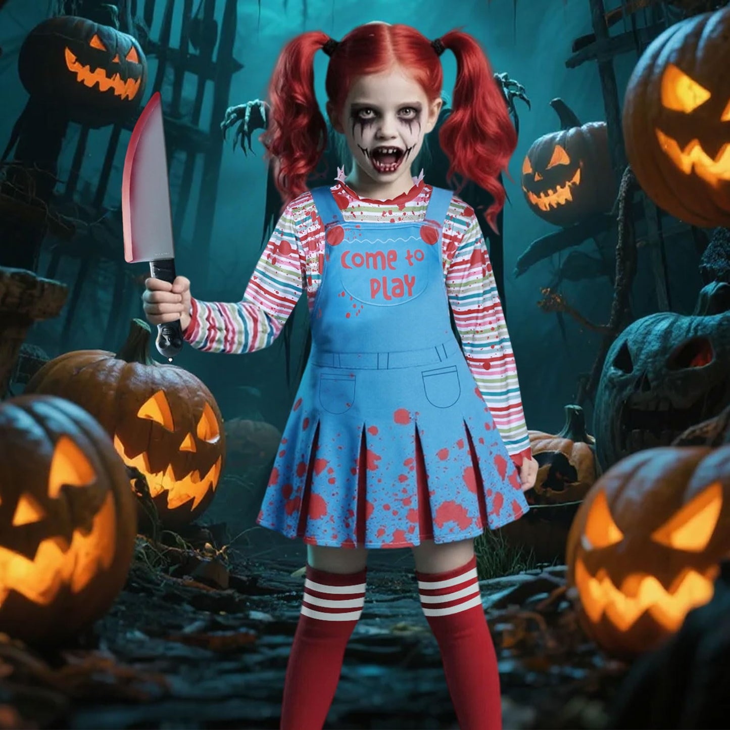 Antsparty Chucky Costume, Halloween Creepy Doll Costume Set with Striped Tops Skirts Socks Stickers, Horror Evil Doll Costumes for Halloween Cosplay