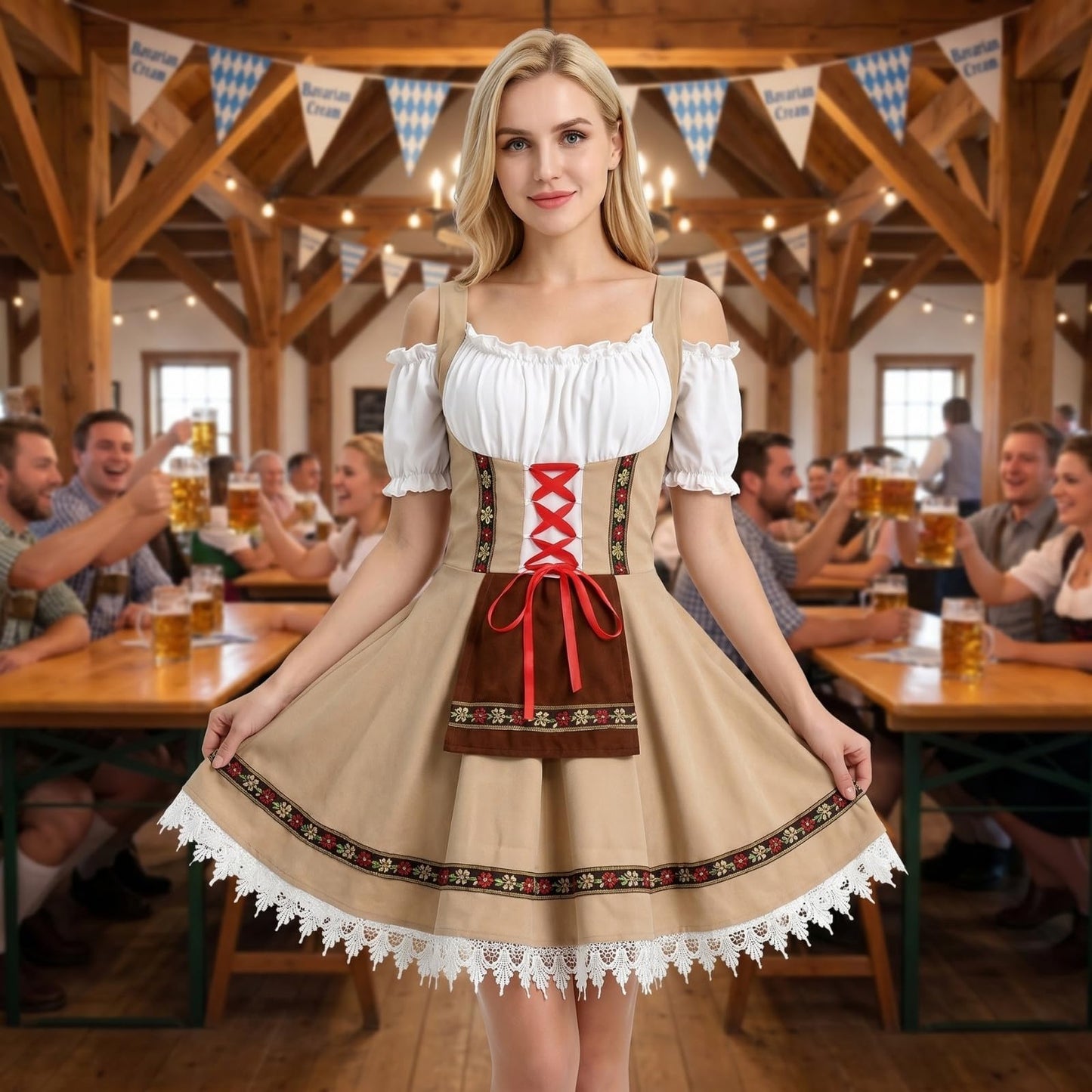 maxToonrain Oktoberfest Outfit Women Off-Shoulder Traditional Bavarnian Short Sleeve Off Shoulders German Beer Maid Costume with Embroidery for Oktoberfest, Halloween & Themed Parties (Khaki, M)