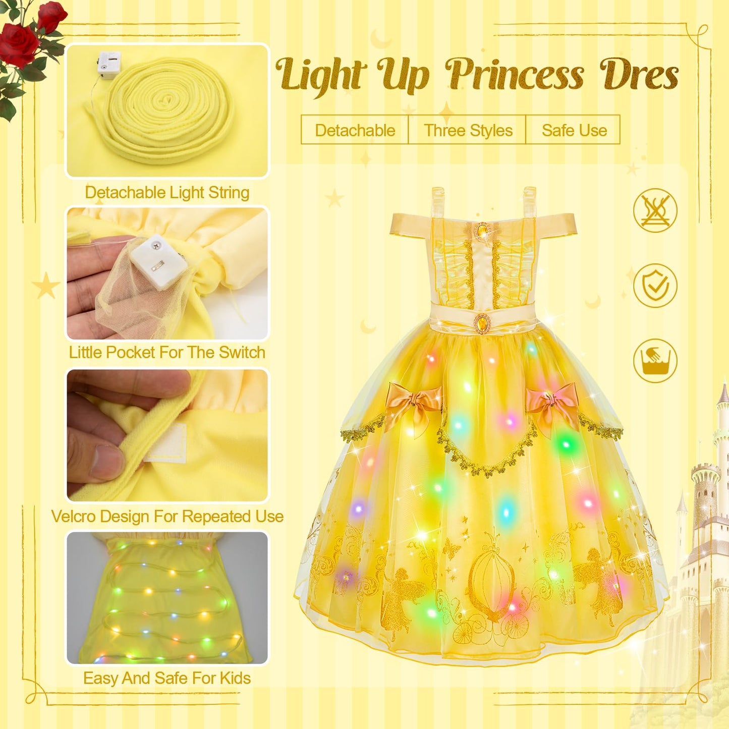 WIKITOT Princess Costume for Girls, Light up Yellow Princess Dress up for Girls Aged 3-10, World Book Day Fancy Dress Halloween Costumes(M)