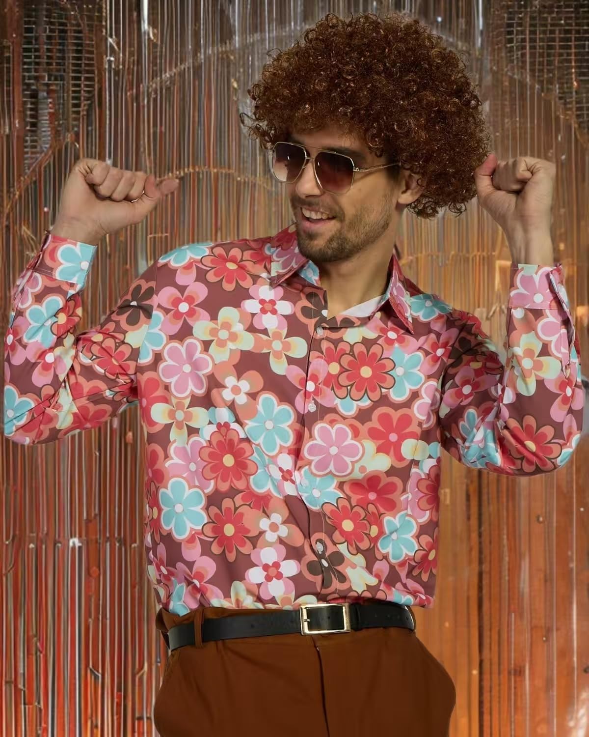 70s Disco Costume Set Hippie Men Outfit with Flared Pants Shirt (image 2)