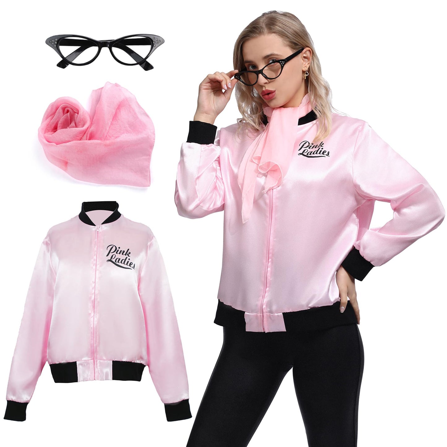 Wizland Women's Pink Ladies Grease Jacket for Halloween Cosplay Costume 1950s Pink Satin Jacket with Neck Scarfs and Eye Glasses M