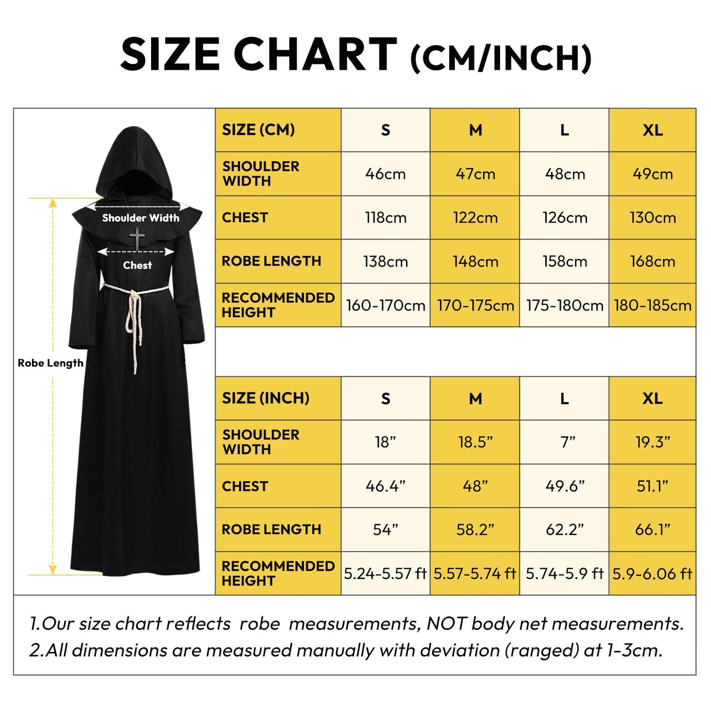 KONVINIT Halloween Monk Costume for Adult Medieval Friar Hooded Monk Black Cape Renaissance Priest Robe Mens Halloween Costumes,black L