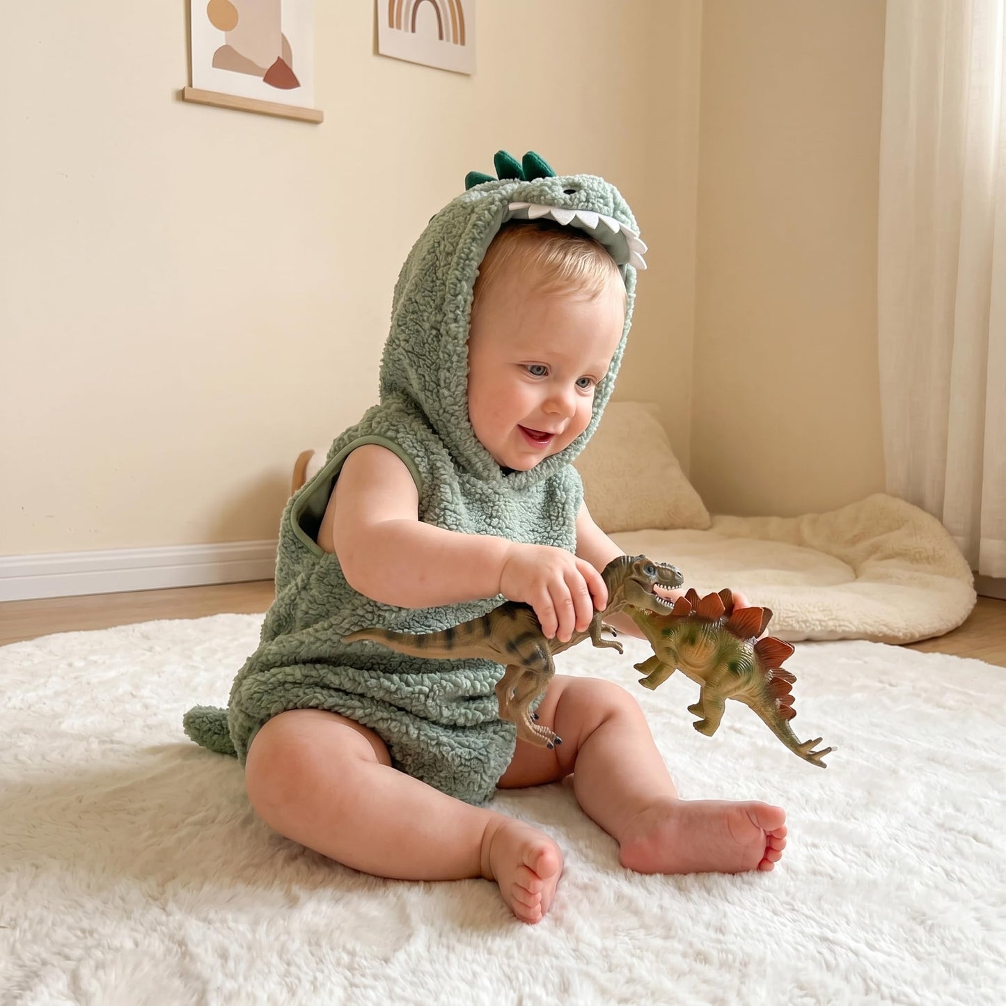 Carolilly Baby Boys Dinosaur Outfits Winter Warm Infant Baby Jumpsuit Newborn Hood Romper Plush Sleeveless Bodysuits Toddler Halloween Clothes (Green, 0-3 Months)
