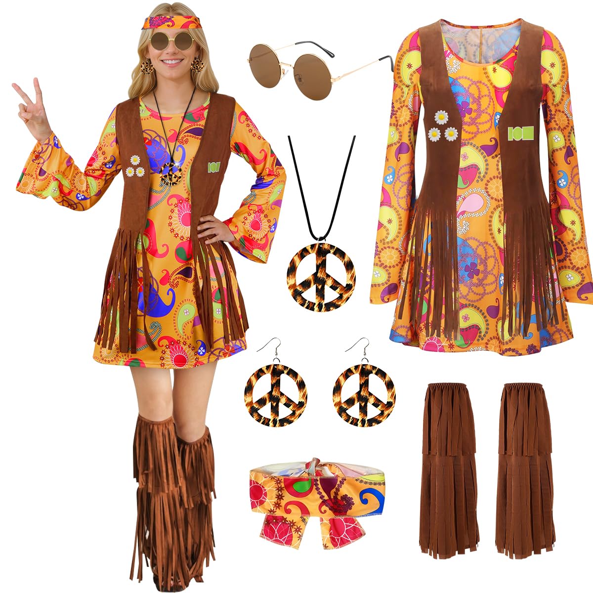 TOLOYE 70s Fancy Dress Women, Hippie Costume Outfit with Fringe Vest Boho Headband Necklace Set, 60s Disco Fancy Dress, 1970s Retro Hippie dress Hippy Clothes for Carnival Cosplay Party (L)