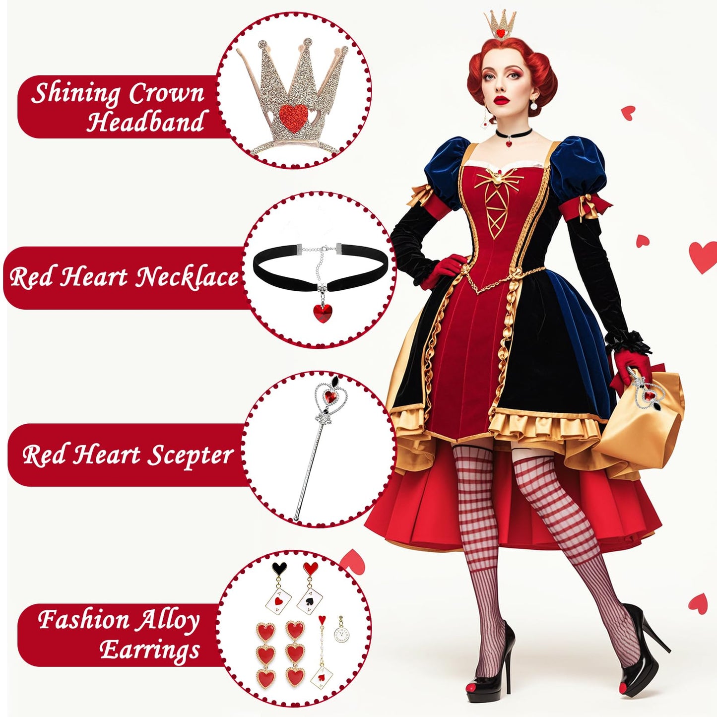 9 PCS Red Heart Queen Costume Set with Wand Headband Choker Necklace Earrings for Girls and Women - Cosplay Carnivals World Book Day Dress Up Accessories
