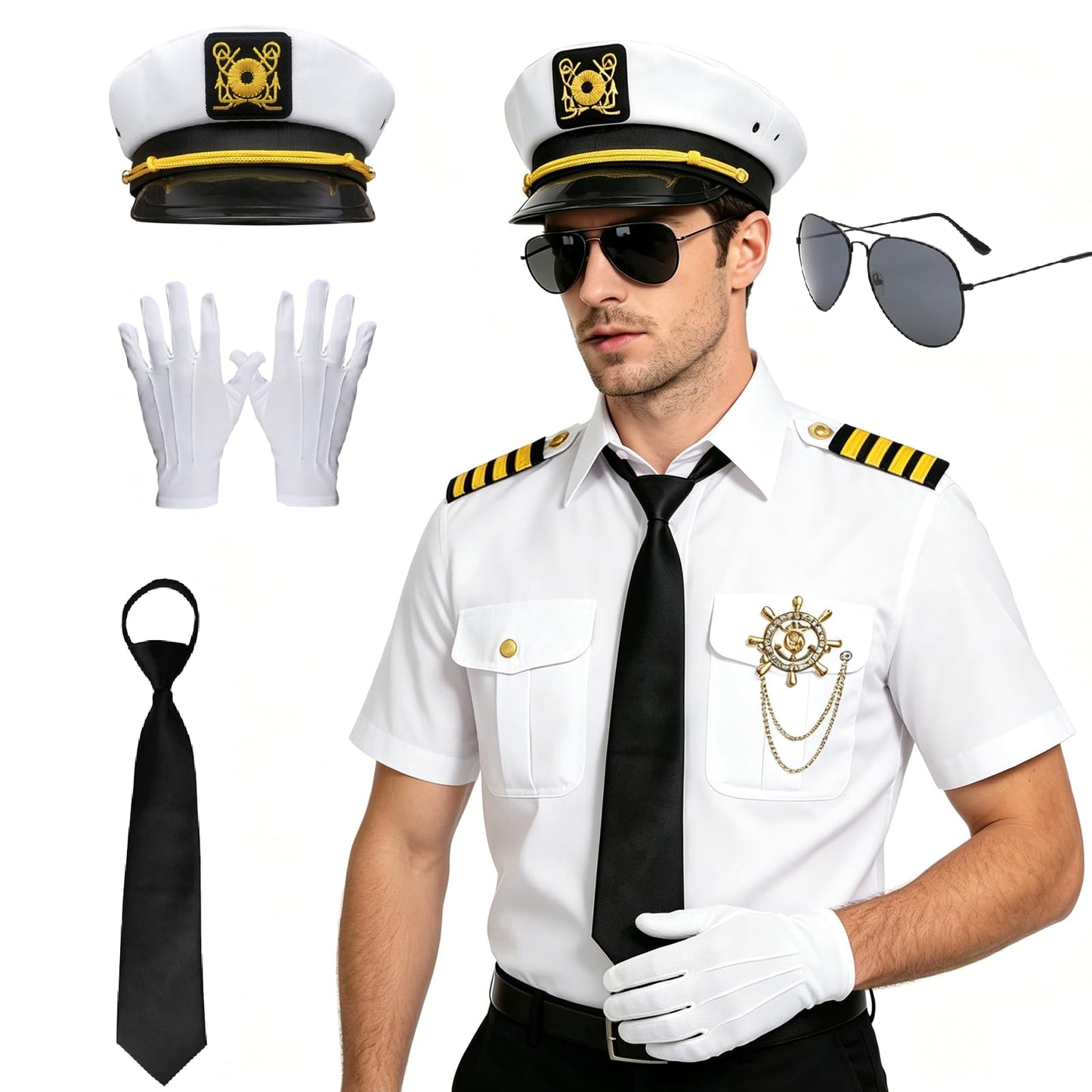 shengo 6PCS Captain Costume Sets Halloween Costumes Captain Shirt Captain Sailor Costume with Navy hat Pipe Sunglasses Tie Gold Anchor Pin Gloves Men Fancy Dress Costumes (M)