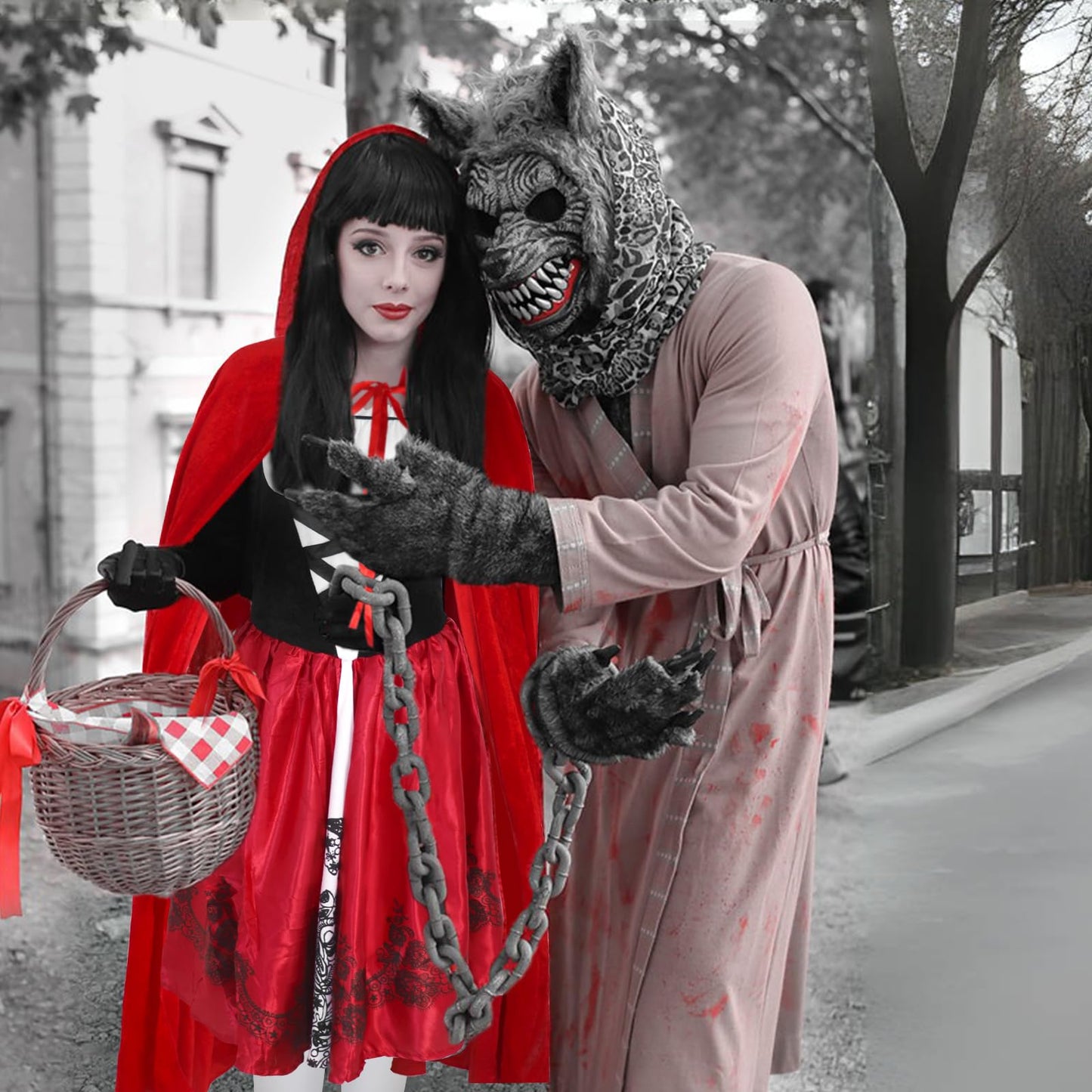 Oerphh 3PCS Adult Red Dress Costume Set for Women Halloween Fancy Dress Costumes with Hooded Cape Cloak Knee Thigh High Socks for Christmas Role Play Outfit (Red, M)