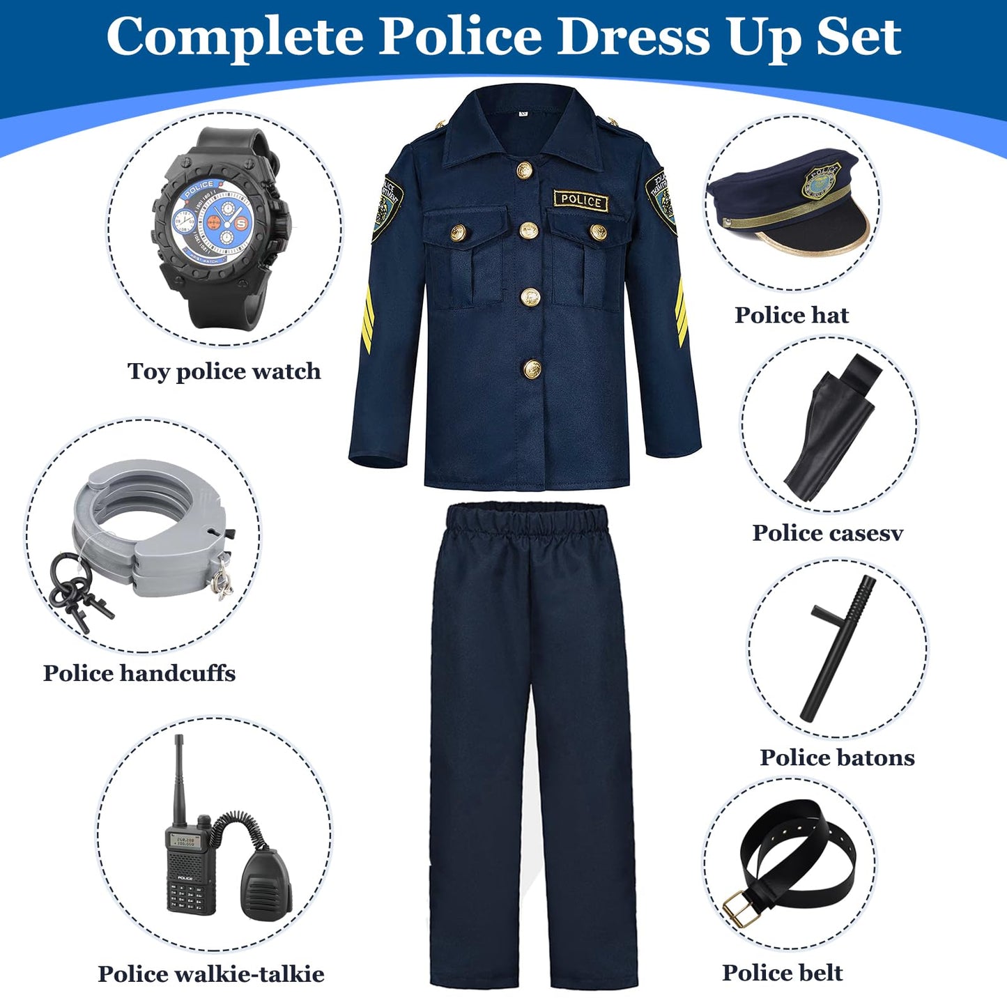 Amtum Police Costume Kids Policeman Uniform Kids Police Officer Costume With Cop Pretend Play Accessories For Halloween Dress Up Set Role Play Officer,Blue-XS