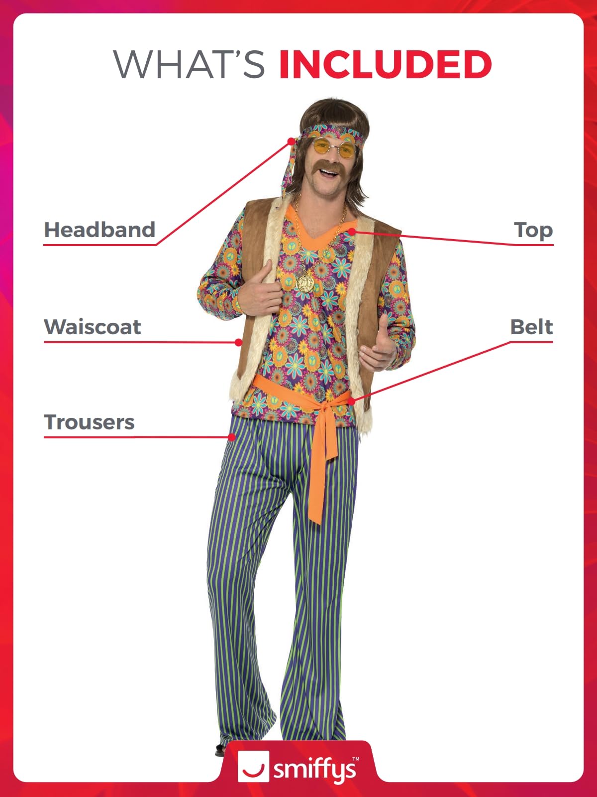 Smiffys 60s Singer Costume, Male, Multi-Coloured Top, Waiscoat, Trousers, Belt & Headband, 1960's Groovy Fancy Dress, Adult Dress Up Costumes