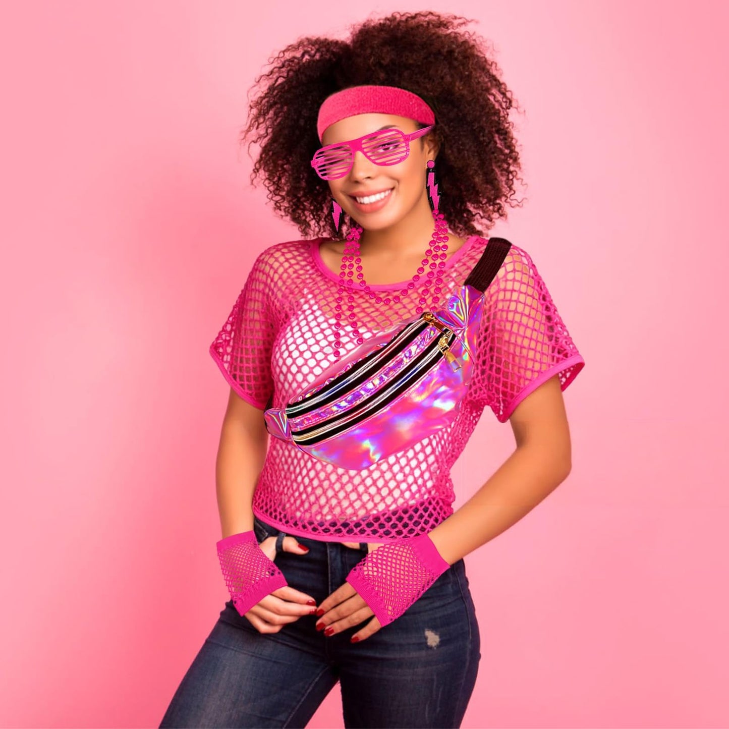 80s Fancy Dress for Women Neon Pink Outfit Set - 1980s Mesh Top Holographic Bum Bag Leg Warmers Fishnet Gloves Glasses Jewellery Ladies Retro Disco Hen Party Festival Costume Accessories (Rose Red)
