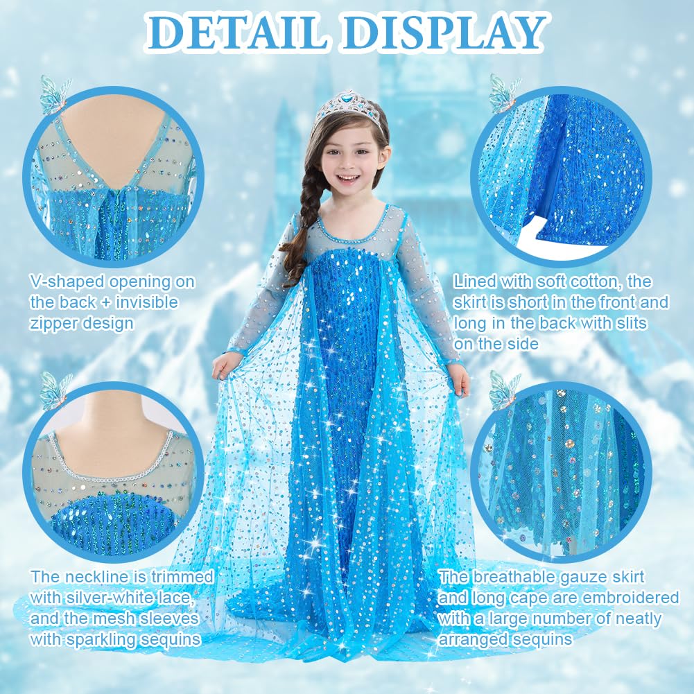 ACWOO Princess Dress, Princess Costume with Fairy Wand and Crown Tiara, Fancy Dress for Girls, Deluxe Shining Snow Queen Fancy Dress for Birthday, Halloween, Cosplay, Party, Bridesmaid