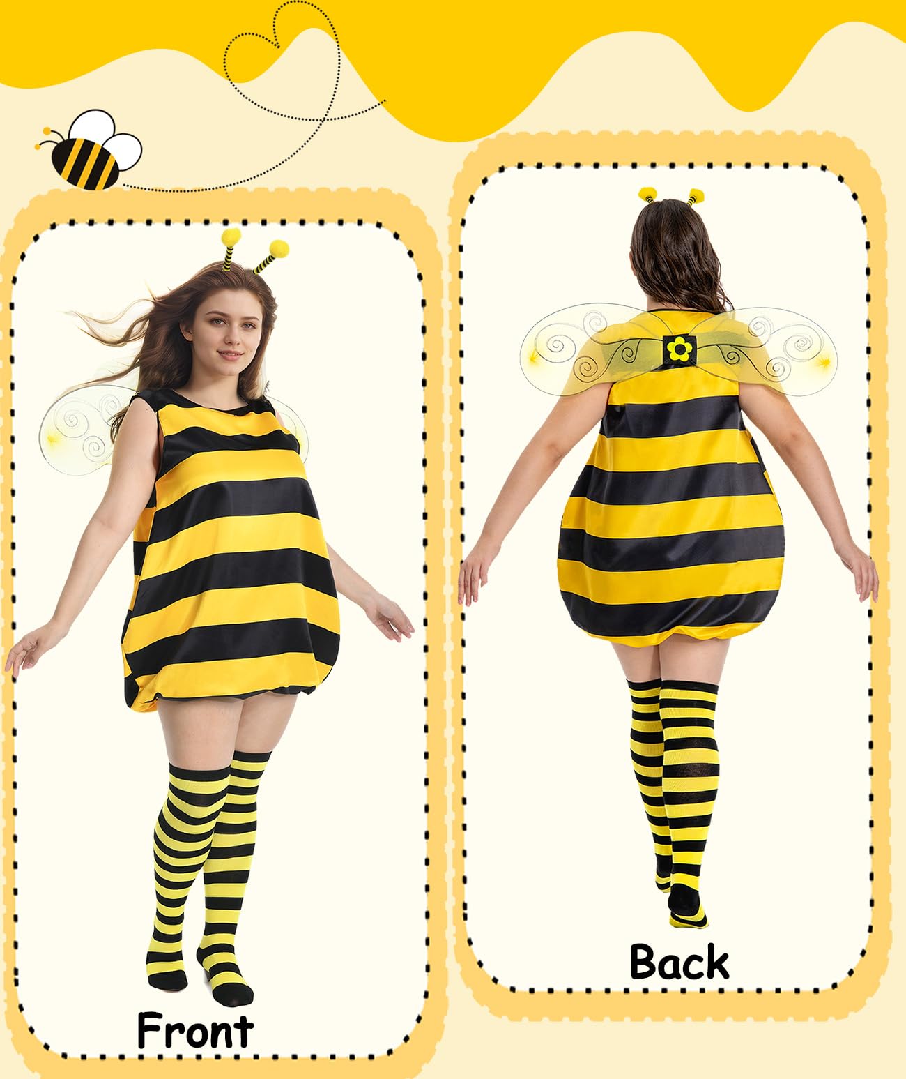 Seawhisper Bee Costume Women's Large Sizes Bee Costume Adult Fancy Dress Costumes Plus Size Carnival Halloween Costume 24 26