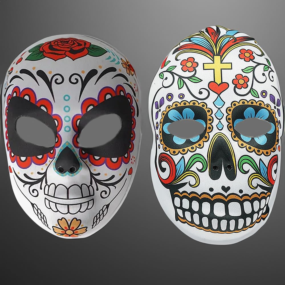 TRIXES 2PC Halloween Sugar Skull Mask Set – Day of the Dead Mask – Mexican Masquerade - Cosplay Costume Party Accessories – Multicoloured Sugar Skull
