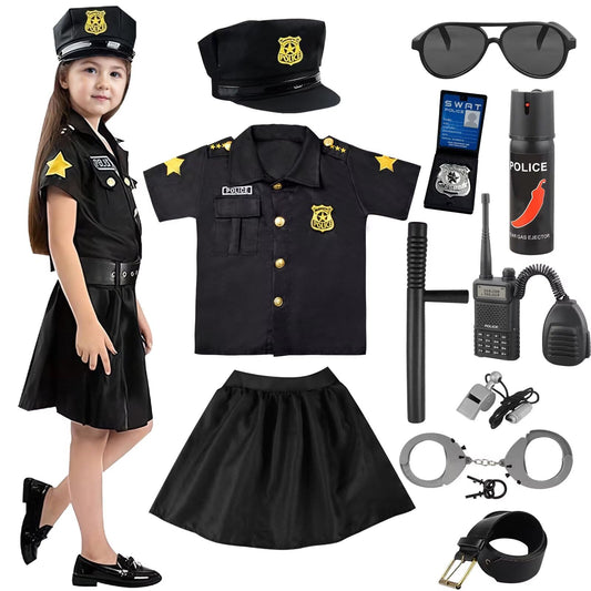 Luckyou Kids Costume Police for Girls Police Uniform Outfit with Accessories Whistle Handcuffs Fancy Dress Up for Carnaval Halloween Cosplay Black-M