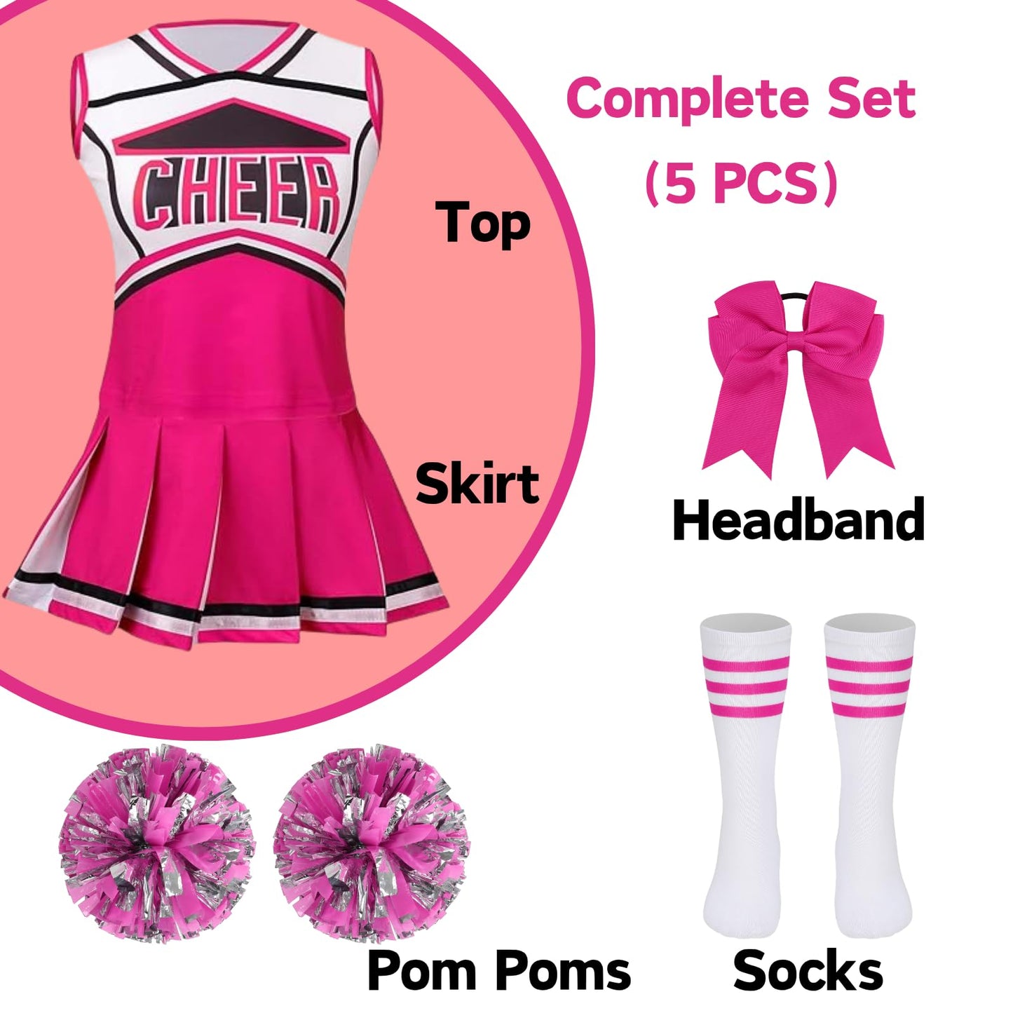 DELIVESS Cheerleader Costum for Girls Cheerleading Outfit Kids School Cheer Uniform 5 Pcs Set for Halloween Party Dress up 6-7 Years (130, Rose Red)