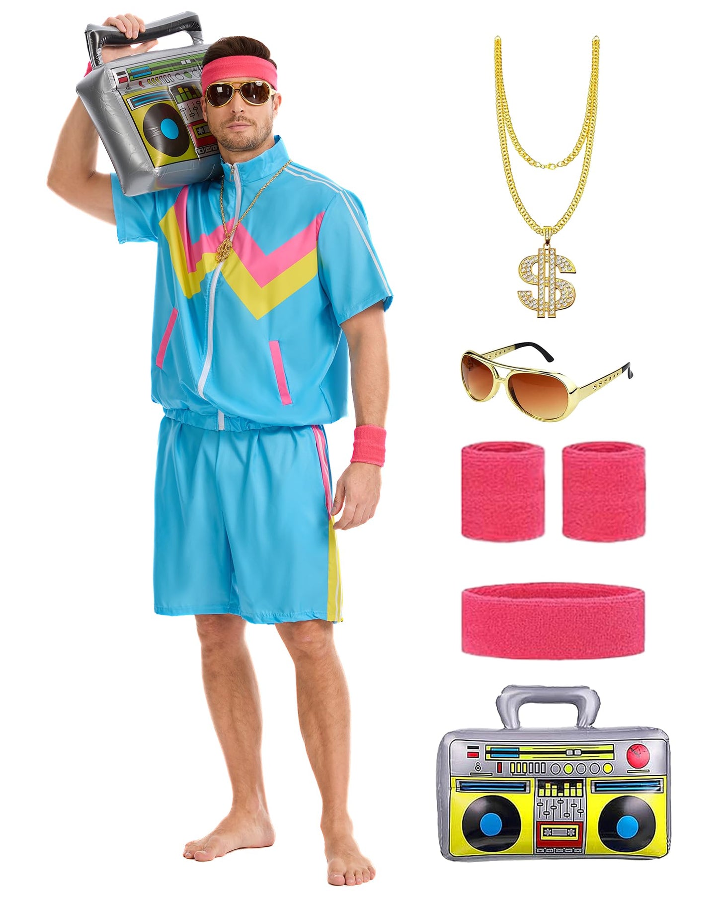 OPAEHJF 80s Outfit for Men Women,Retro Shirts and Shorts Set, 80s Themed Party Halloween Costumes (Blue, S)