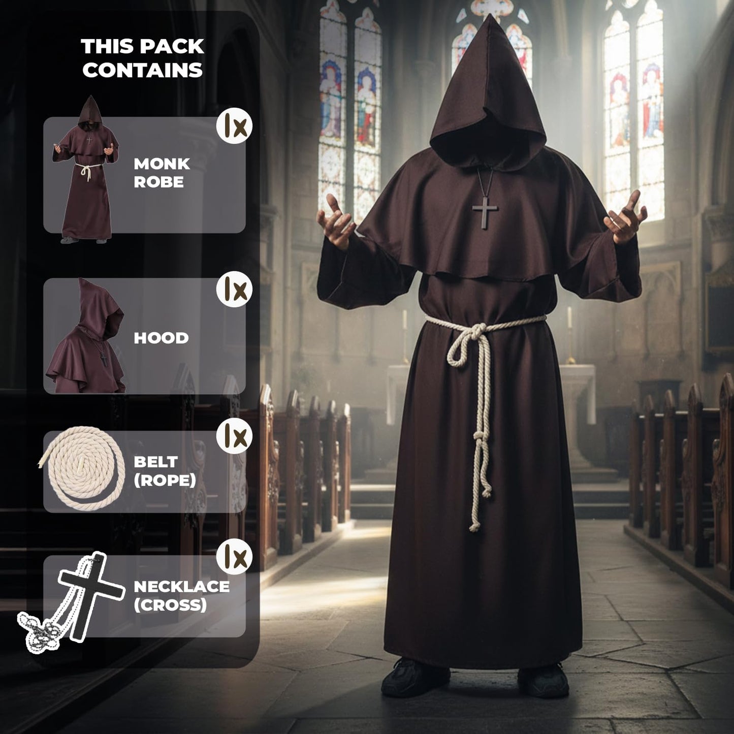 AirSuit® Medieval Monk Adult Costume – Long Robe with Hood + Wooden Cross | Size M 170 to 175 cm | Religious Men's Outfit | Carnival, Halloween | OriginalCorner®