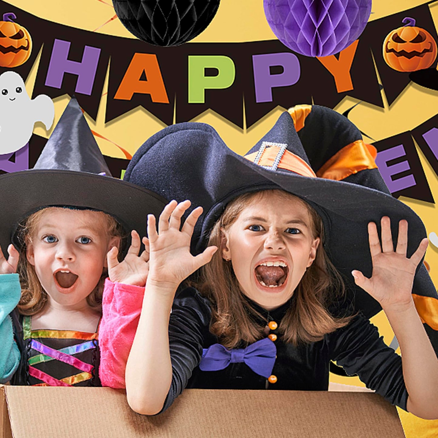 Happy Halloween Banner Decorations - Honeycomb Ball & Swirl Streamer Circle Dot Garland