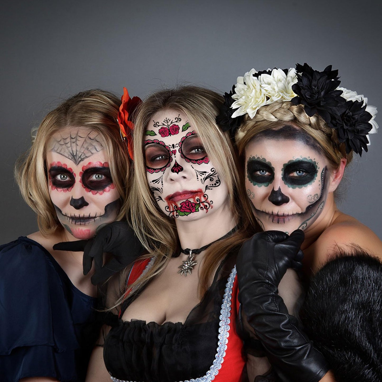 iwiio Day of the Dead Face Tattoos, 9pcs Temporary Stickers - Skeleton, Web, Red Rose Designs for Adults & Kids Halloween Masquerade Party