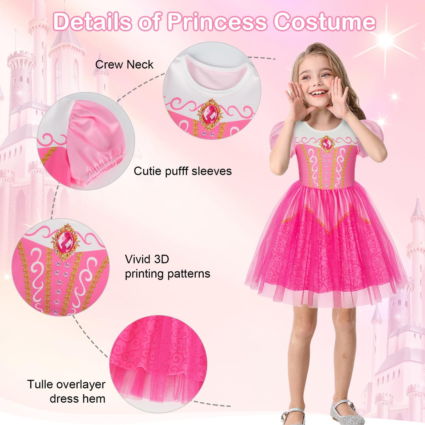 Berich Princess Costume with Crown Princess Costumes for Girls Halloween Outfits Christmas Gifts World Book Day Week Pink Dress up for Girls 4-5 Years(Pink,120)