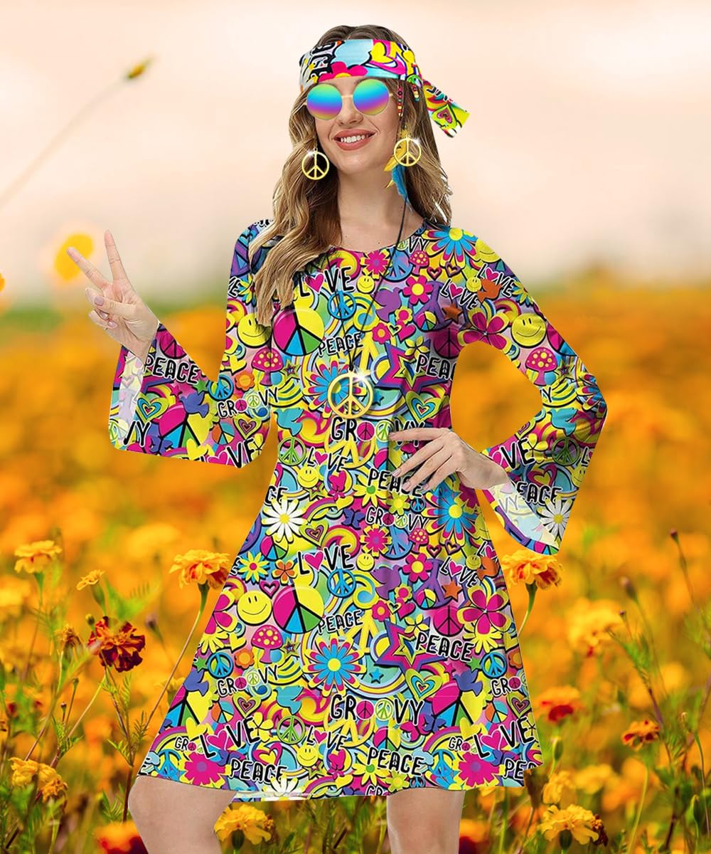 70s Fancy Dress Women - Hippie Costume Dress with Boho Headband Bag (image 6)