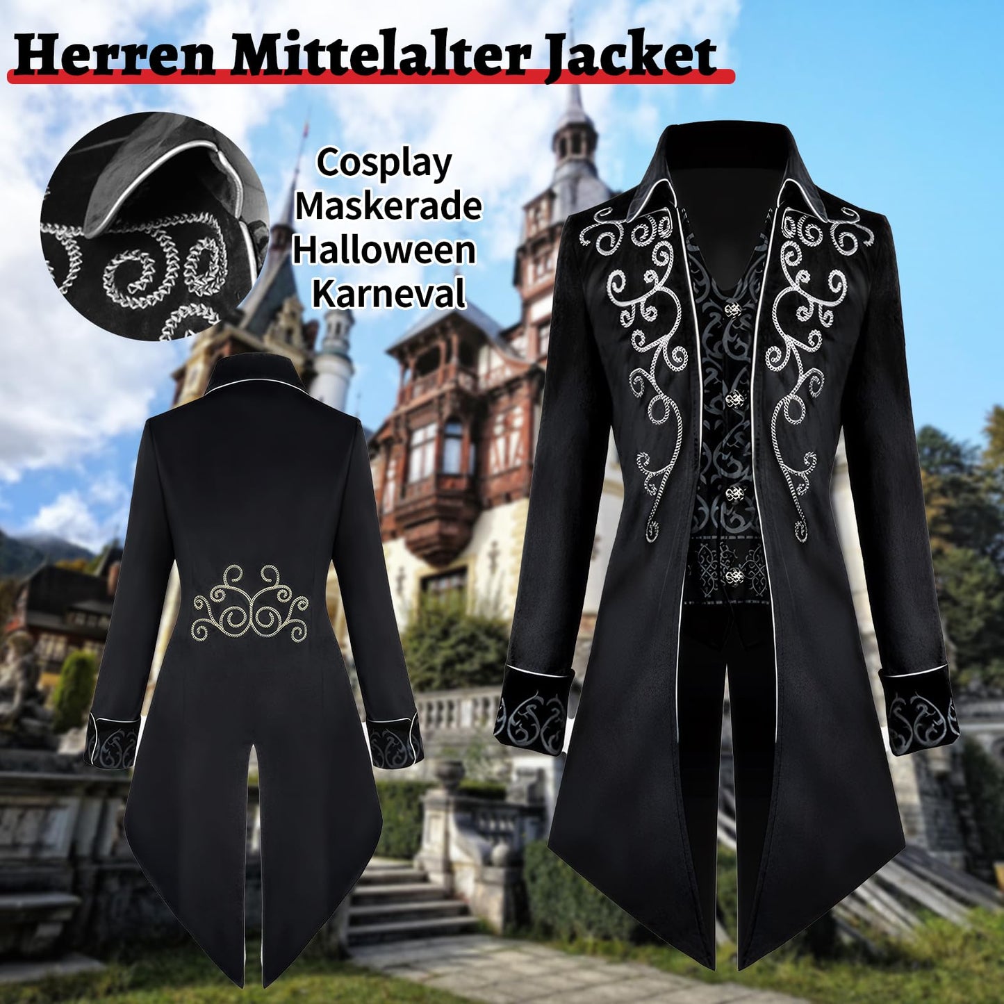 KGIHPC Men's Steampunk Vintage Tailcoat Jacket Medieval Gothic Victorian Frock Uniform Halloween Costume (UK, Alpha, XL, Regular, Regular, Black)