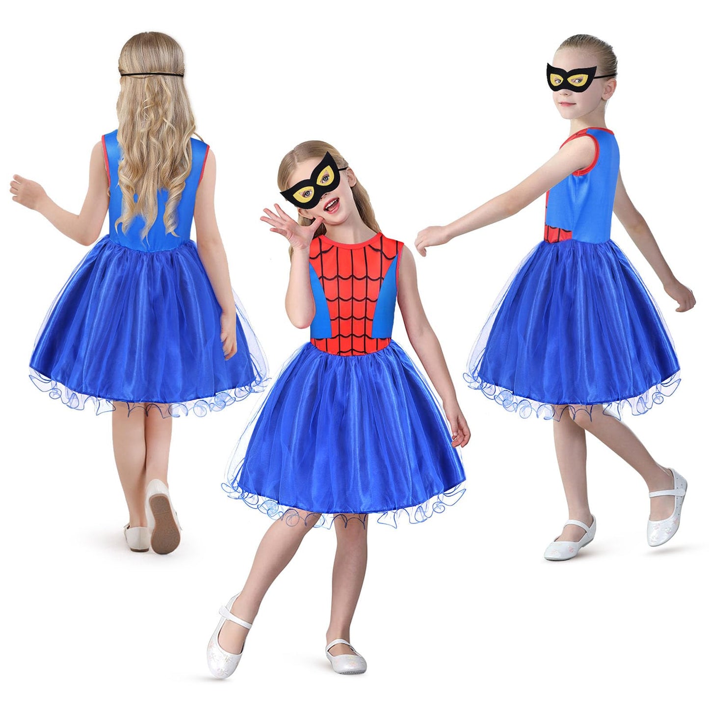 Aomig Spider-Girl Costume, Halloween Kids Spider Costume, Halloween Superhero Costume with Super Hero Mask, Deluxe Girls Spider Fancy Dress Outfit for Carnival Masquerade Party