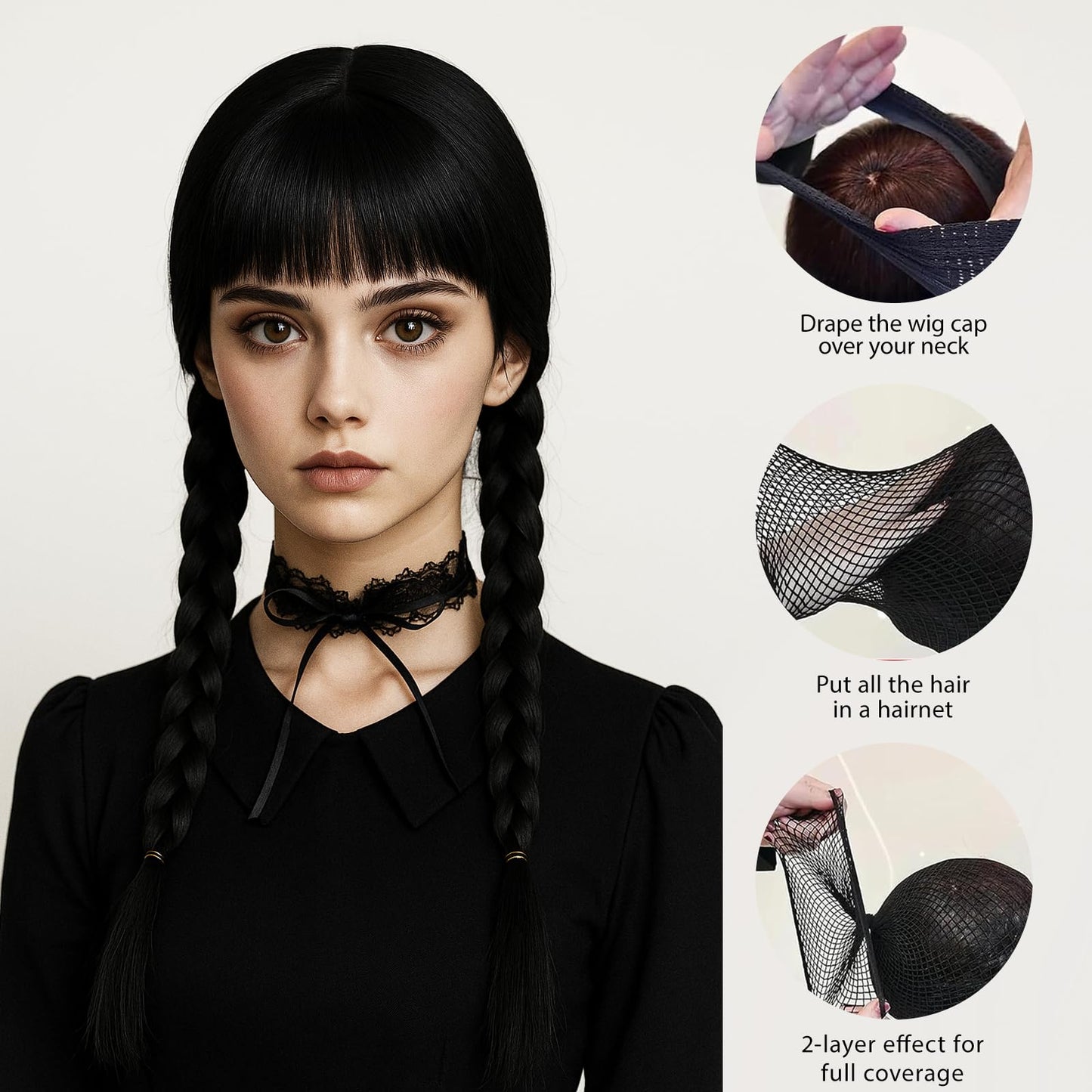 SSKHE 3Pcs Black Braided Wig for Women and Children, Cosplay Accessory for Wednesday Addams, Halloween Costume Hairpiece, Braided Design for Dress-up, Kids' Wigs, Party Hair Accessories