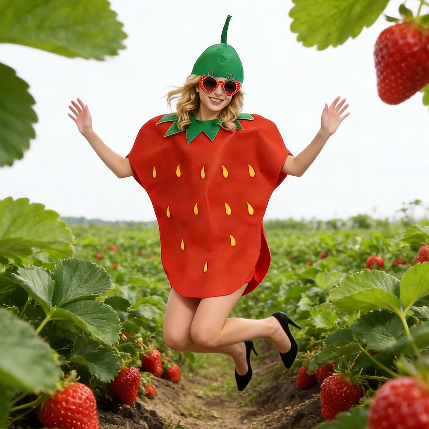 Strawberry Costume for Adults, Lightweight & Comfortable Funny Fruit Cosplay Outfit, Fancy Dress for Adult Fancy Dress Costumes - Hat, Dress & Glasses, for Halloween Themed Parties Cosplay Fun Events