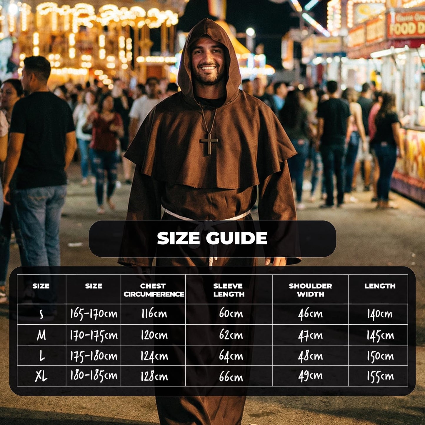 AirSuit® Medieval Monk Adult Costume – Long Robe with Hood + Wooden Cross | Size M 170 to 175 cm | Religious Men's Outfit | Carnival, Halloween | OriginalCorner®