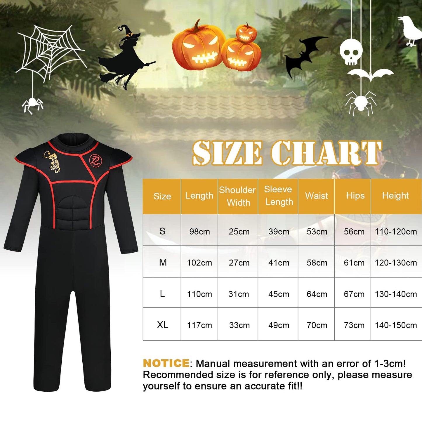 Aomig Kids Halloween Fancy Dress Costume with Ninja Accessories, Warrior Muscle Costume for Boys Girls, Luxury Role Play Outfit for Halloween Cosplay Theme Party (L)